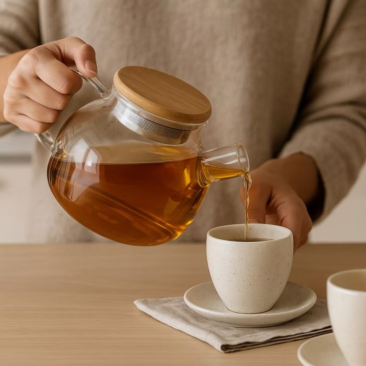 Pouring hot water into a glass teapot with herbs